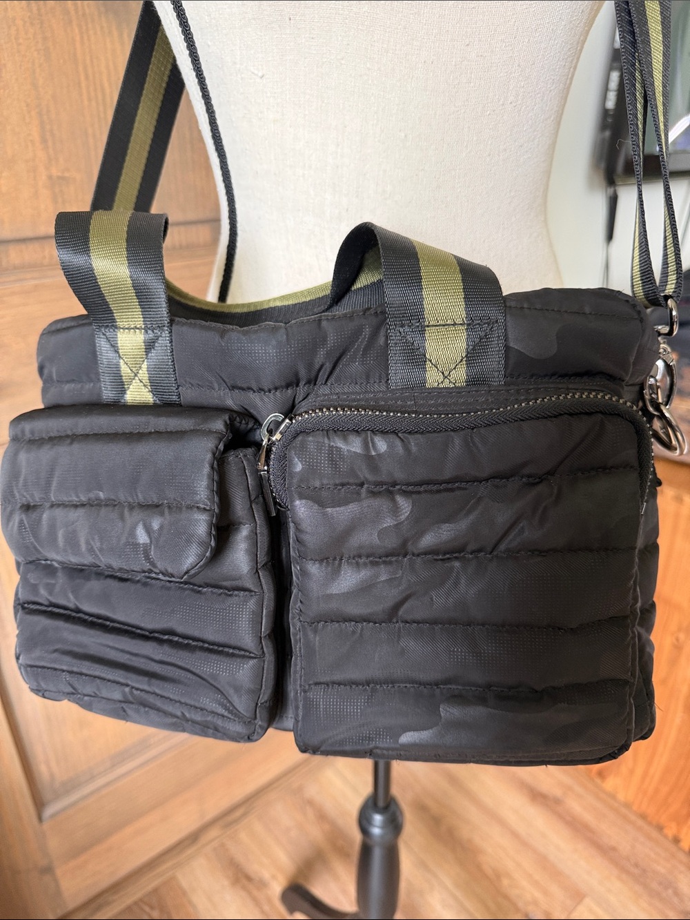 THINK ROYLN Black Quilted Crossbody Bag with Olive Stripe Strap Camo Print